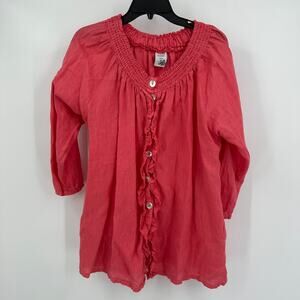 Match Point Women Top L Coral Linen‎ Ruffle Button Front Cottagecore Coastal